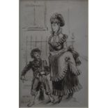 G Bridgman attrib - Lady in finery with young chimney sweep, pen and ink sketch, 16.