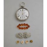 A white metal cased pocket watch, key wind with white enamel dial with seconds dial, Roman numerals,