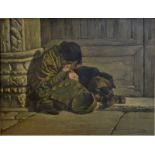 D Piper - Keeping sheltered, mother and child in doorway, oil on canvas, signed lower right,