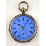 A fine silver pocket watch with key-wind movement and unusual blue enamelled dial,