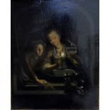 Dutch school - Figures in a candlelit interior, oil on board,