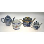 A cylindrical blue and white teapot decorated with pagoda in a water landscape & later gilded,