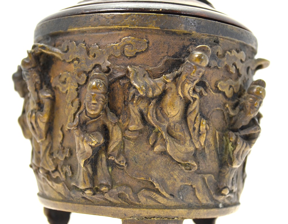 A Chinese bronze cylindrical censer cast with eight Daoist immortals and Shou Lau standing on - Image 4 of 7