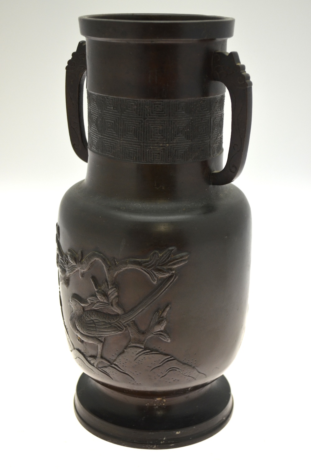 A Chinese bronze vase of cylindrical form cast with birds, rockwork and a tree, 19th century, - Image 3 of 7