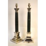 A pair of electroplated classical column table lamps with green marble pillars and stepped square