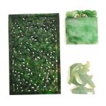 A Chinese spinach jade reticulated rectangular plaque carved with birds and prunus, 5.5 x 9.