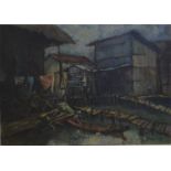 Eastern school - Chinese wharf houses, oil on canvas, indistinctly signed lower right and dated '68,