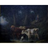 English school - Cattle at watering hole, oil on board,