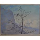 After Eva Roemer (1889-1972) - Tree with bird in mountain landscape, woodblock print,