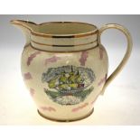 A large 19th century Sunderland lustre ale jug decorated with a transfer print of a ship and