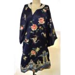 An early 20th century Chinese dark blue silk satin robe depicting exotic butterflies and floral