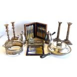 Two pairs of electroplated candlesticks, a chafing dish and cover with divided liner,