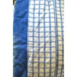 Two pairs of lined and inter-lined blue/white checked curtains with striped blue/white piping and