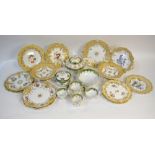 Ridgway & Coalport dessert wares, buff and gilt borders with floral painted centres,