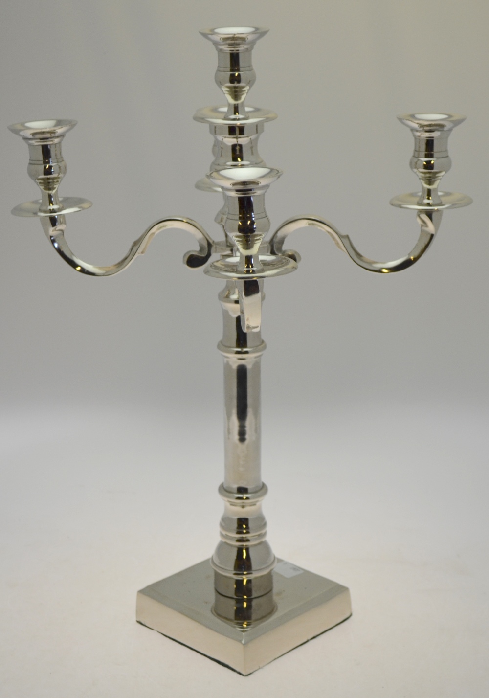 A pair of electroplated five-sconce candelabra with turned pillars and square bases, - Image 3 of 3