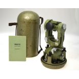 A Wild T2 Universal Theodolite in domed metal case and outer orange plastic visibility shell-case
