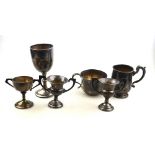Various silver oddments, including Christening mug and cup and four small trophy cups, 11.