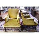 A pair of inlaid rosewood framed late 19th century upholstered salon armchairs,