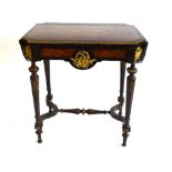 A 19th century ormolu mounted and inlaid walnut and ebonised side table having a shaped drop leaf