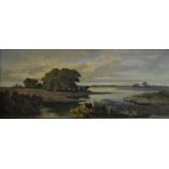 English school - River view with water buffalo, oil on canvas,