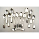 Thirteen various Georgian and Victorian silver fiddle pattern teaspoons,