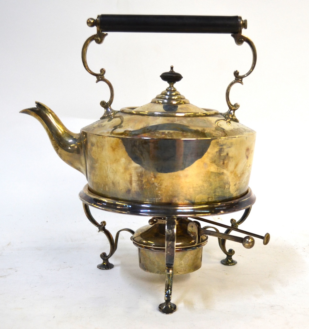 An Edwardian oak-cased silver kettle on stand with spirit-burner, James Dixon & Sons,