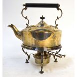 An Edwardian oak-cased silver kettle on stand with spirit-burner, James Dixon & Sons,