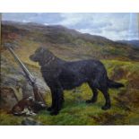 J S Noble (1848-96) - 'An old friend', black retriever standing beside master's gun, oil on canvas,