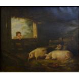 After George Morland - Pigs in a sty with boy leaning through window, oil on canvas,