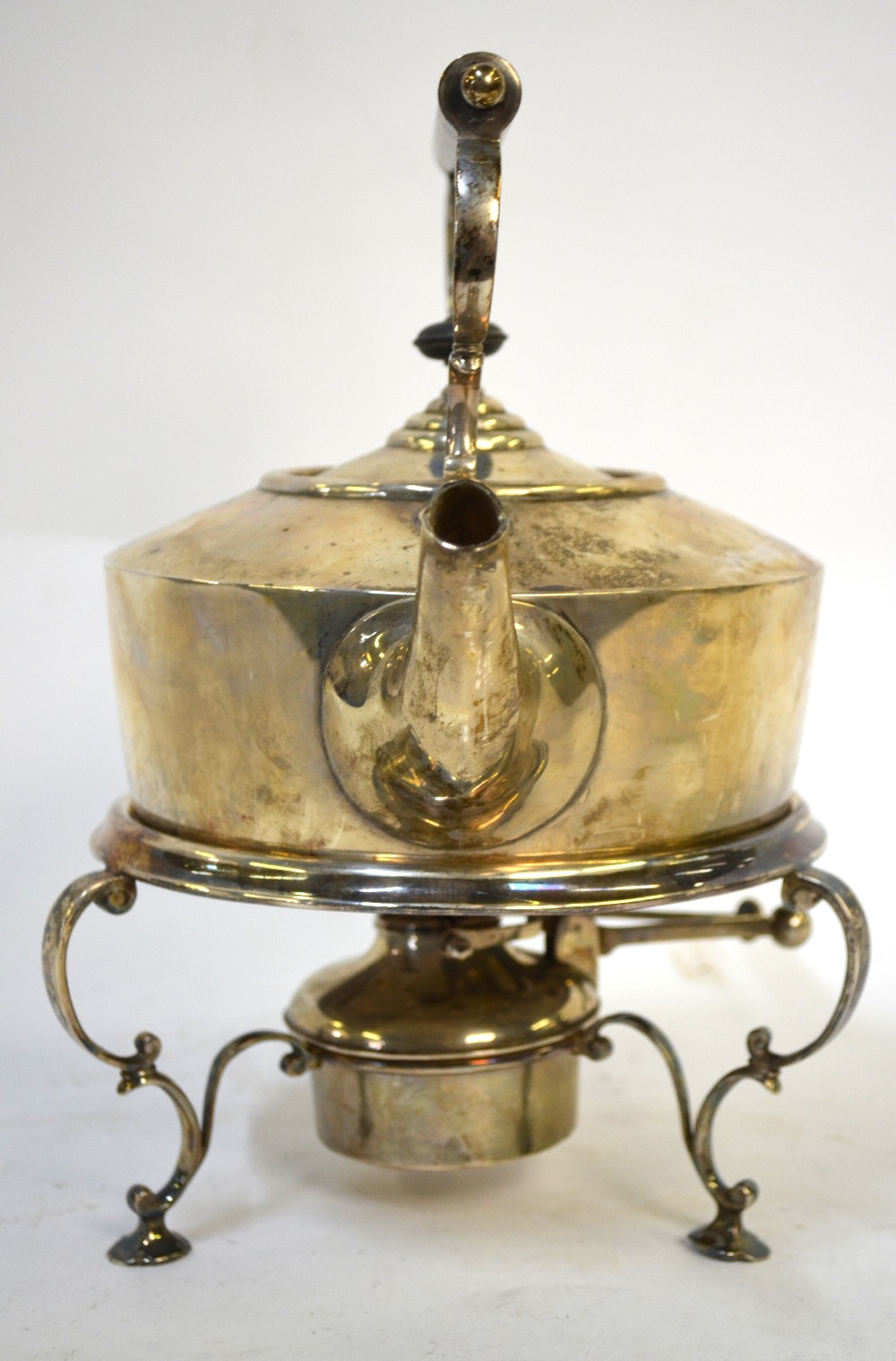 An Edwardian oak-cased silver kettle on stand with spirit-burner, James Dixon & Sons, - Image 6 of 8