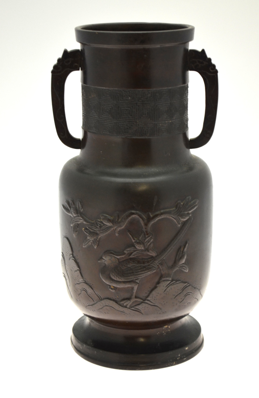A Chinese bronze vase of cylindrical form cast with birds, rockwork and a tree, 19th century, - Image 2 of 7