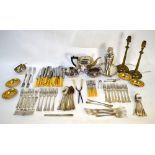 Various plated items, including salver, teapot, flatware, etc.