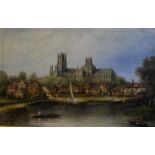 English school - View of Ely Cathedral from the river, oil on canvas,
