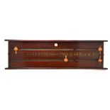 An Edwardian stained mahogany billiards score-board with gilt numbers and ivorine makers plaque for