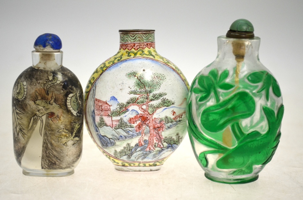 Six Chinese snuff bottles comprising a Canton enamel bottle decorated with a watery landscape, 7. - Image 3 of 5