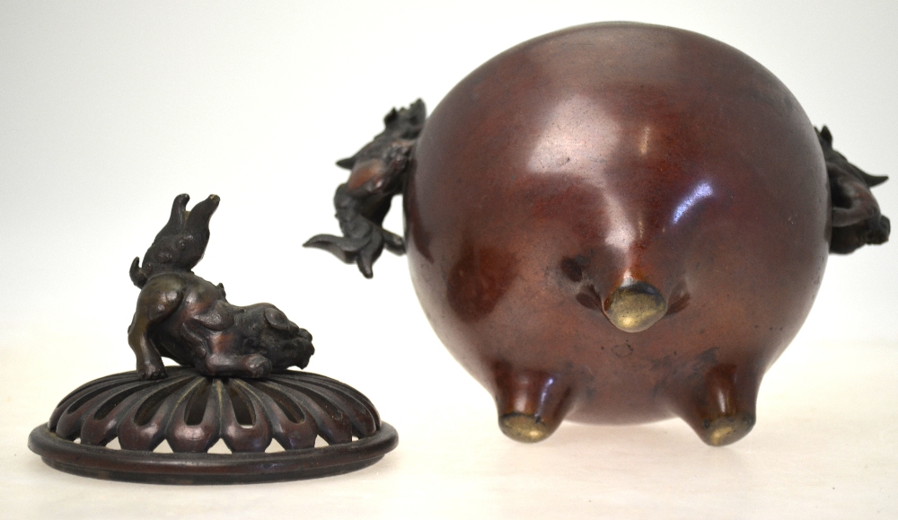 A Japanese bronze spherical censer on three feet with two handles formed as Shi Shi, - Image 5 of 5