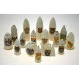 Crested wares of Great War interest: Fourteen ammunition shells by Goss, Savoy and Grafton china,