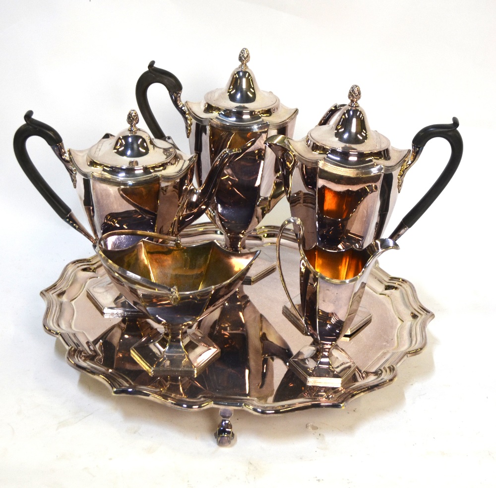 An Elkington Plate five-piece hexagonal urn-shaped tea/coffee service,