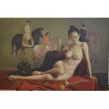 Eastern school - Nude study of a reclining female with horsemen in distance, oil on canvas,
