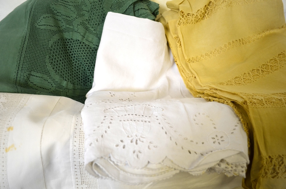 Three boxes of assorted table linen to include linen tablecloths with crocheted edges, - Image 3 of 3