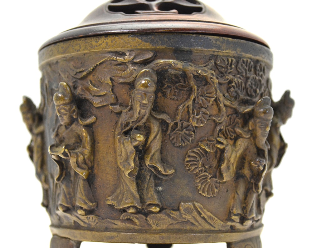 A Chinese bronze cylindrical censer cast with eight Daoist immortals and Shou Lau standing on - Image 2 of 7