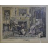 W Denby-Sadler - Figures before a fire, engraving later coloured, published 1832 Leferve,
