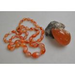 A single row of graduated cornelian bead necklace to/w part polished specimen of granite and quartz