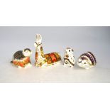 Four Royal Crown Derby gold stopper Imari decorated paperweights comprising Llama, hedgehog,