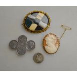 A lot containing shell cameo brooch of female in 9ct rope style setting,