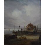 English school - Fishermen at work on a wharf, oil on panel, indistinctly signed lower left,