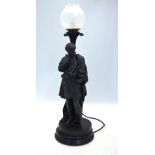 A 19th century dark patinated spelter figural table lamp 'Phidias', raised on an ebonised base,