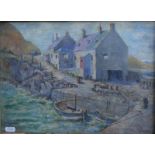 Cornish school - A pair of impressionistic studies of harbours with cottages and boats, oil on card,