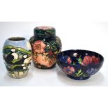 Three contemporary Moorcroft pieces - 'Oberon' ovoid vase and cover, 15 cm h.