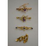 A collection of four interesting brooches including two birds on a branch with freshwater pearl